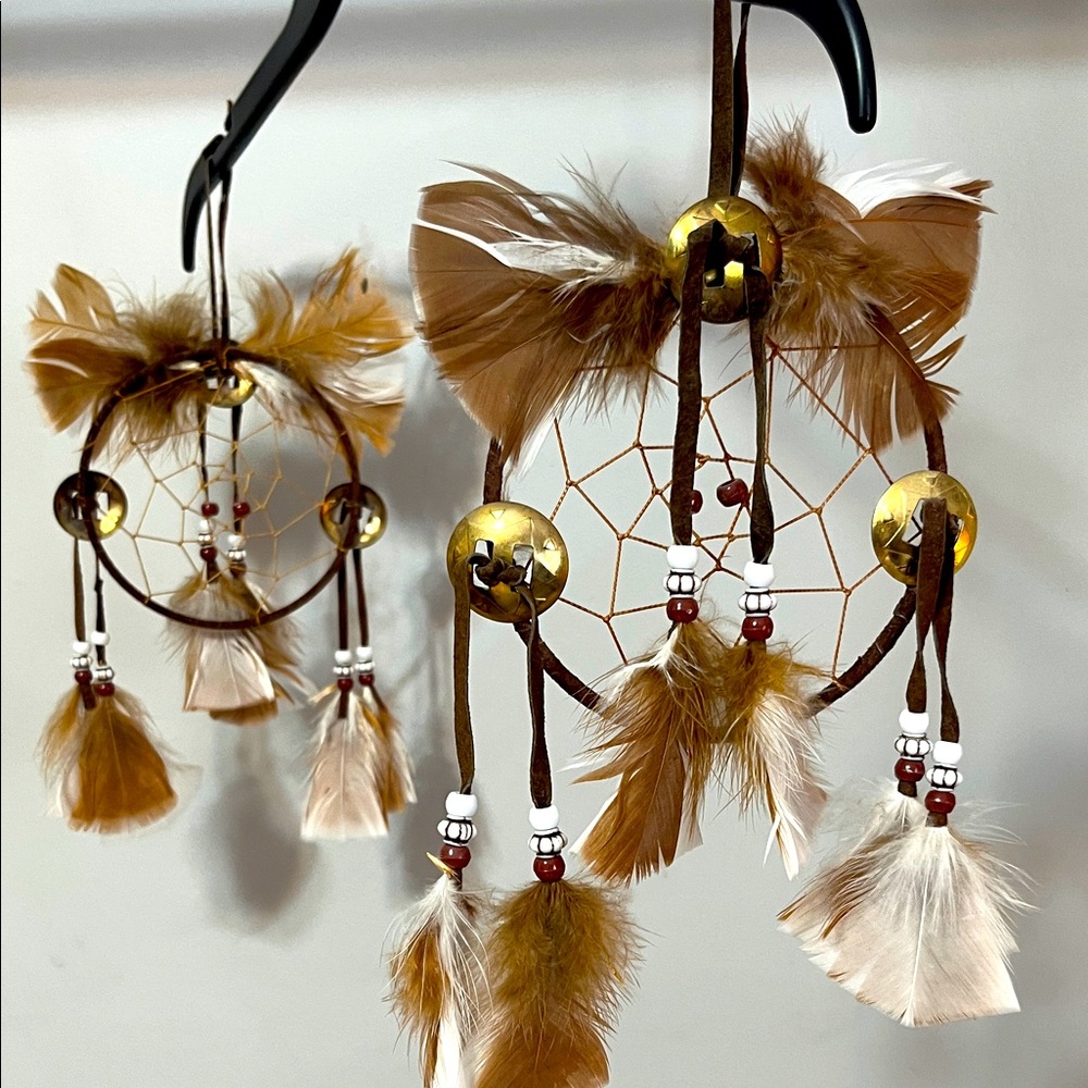 BOTH Dreamcatchers Brown & White Feather & Bead Vintage. See pics for size